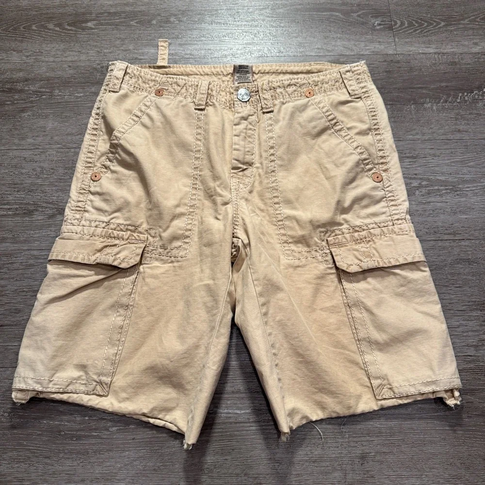 True Religion Cargo Shorts Mens 34 Cotton Big T Stitch Khaki Relaxed Y2K 36x12
